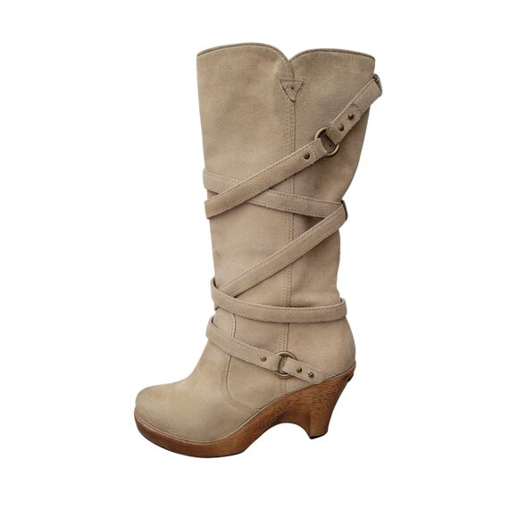 Michael Kors Beige Suede Knee-High Wedge Boots w/ Wrap Straps & Wood Heels Sz 9 - Picture 1 of 10